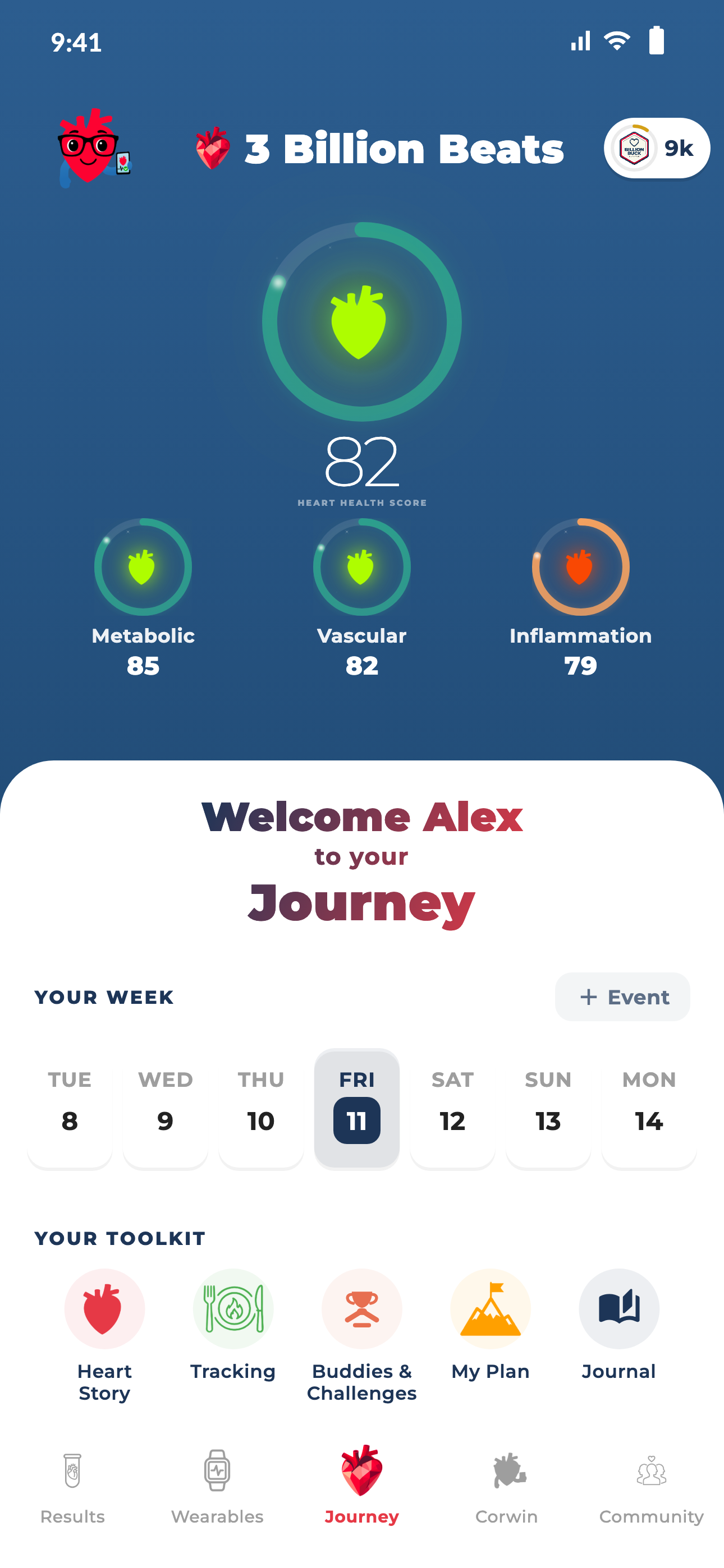 Current 3 Billion Beats Journey: metabolic, vascular and inflammation pillars, updated calendar and bottom navigation