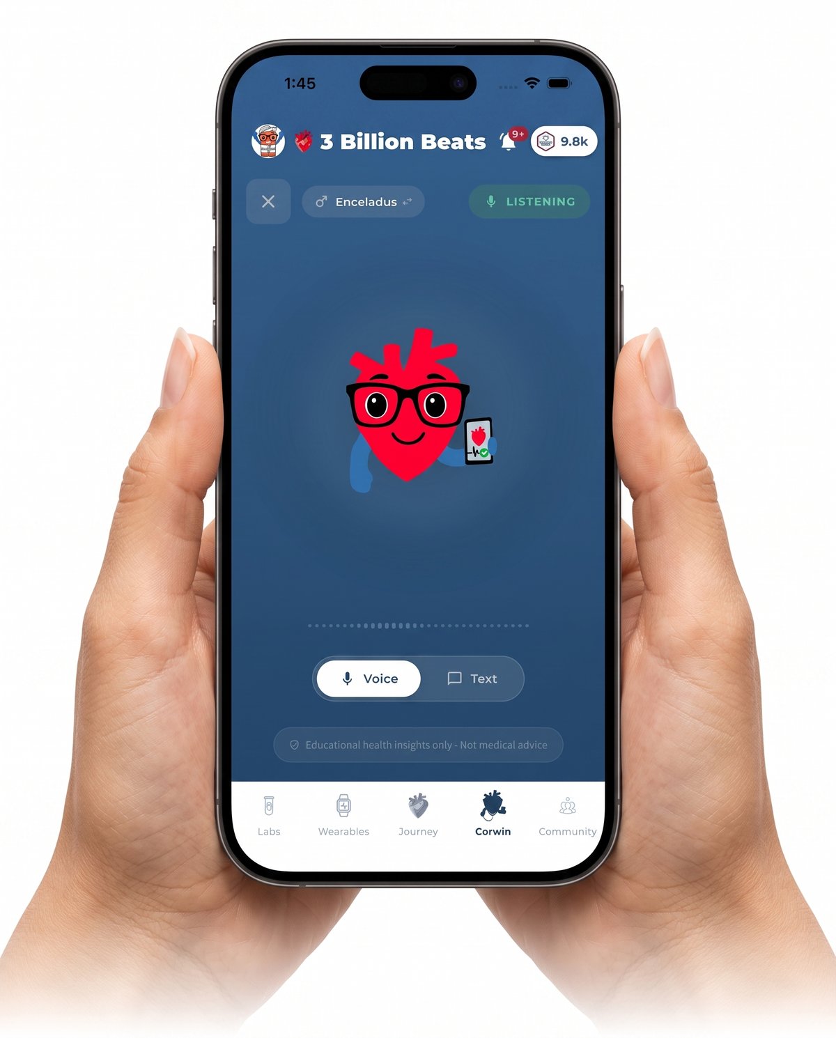 Two hands holding a phone with Corwin mid voice conversation in the 3 Billion Beats app
