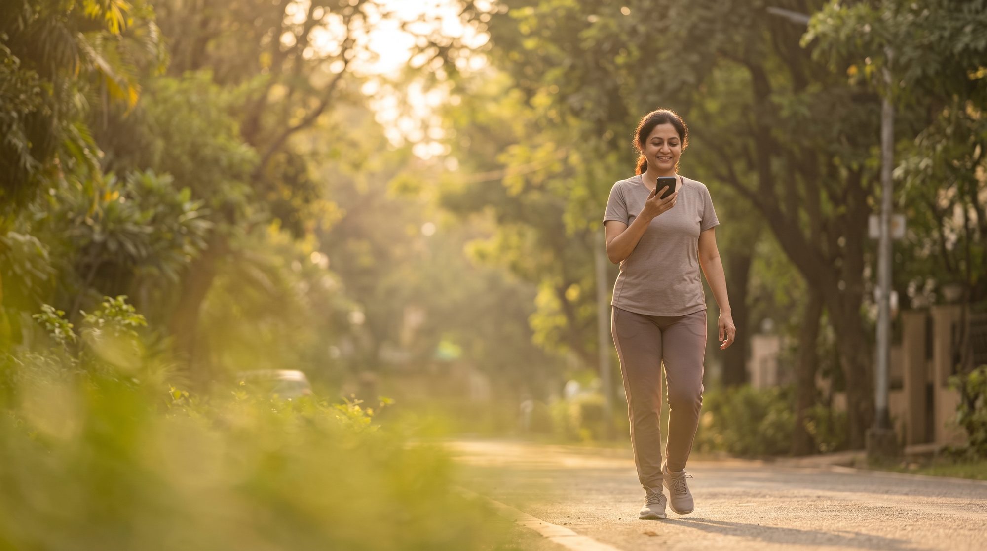 A woman on a quiet morning walk at golden hour, checking in with Coach Corwin on her phone