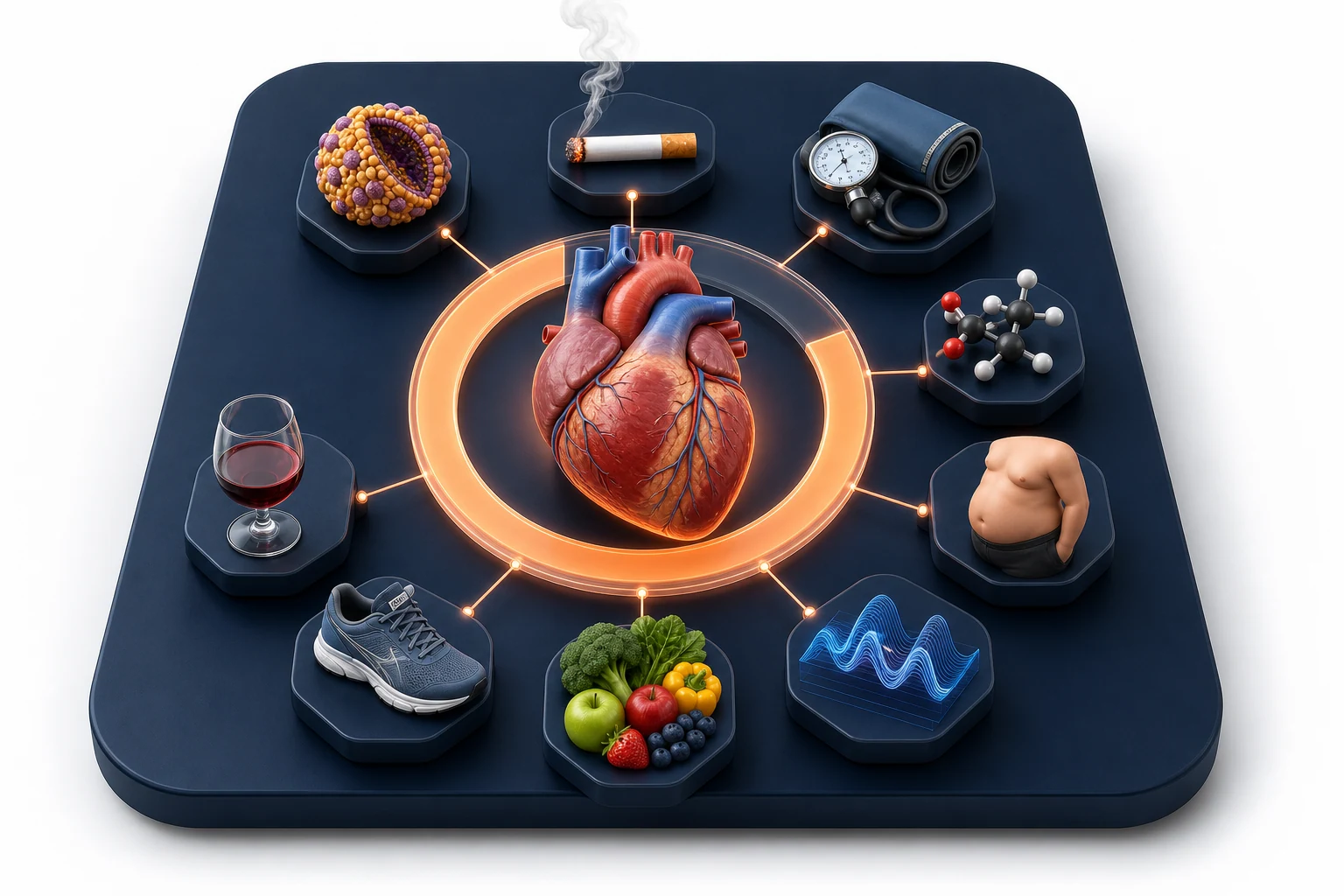 90% of Heart Attacks Are Preventable: a healthy heart encircled by the nine modifiable risk factors that account for ~90% of first heart attacks