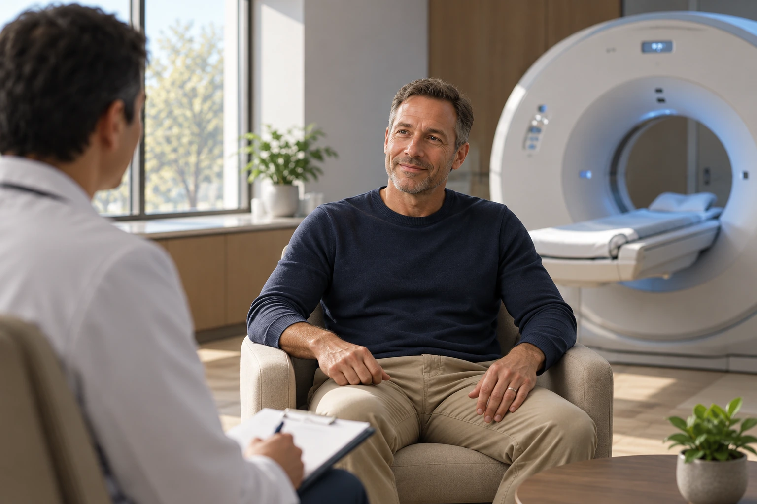 A patient talking with a clinician before cardiovascular imaging