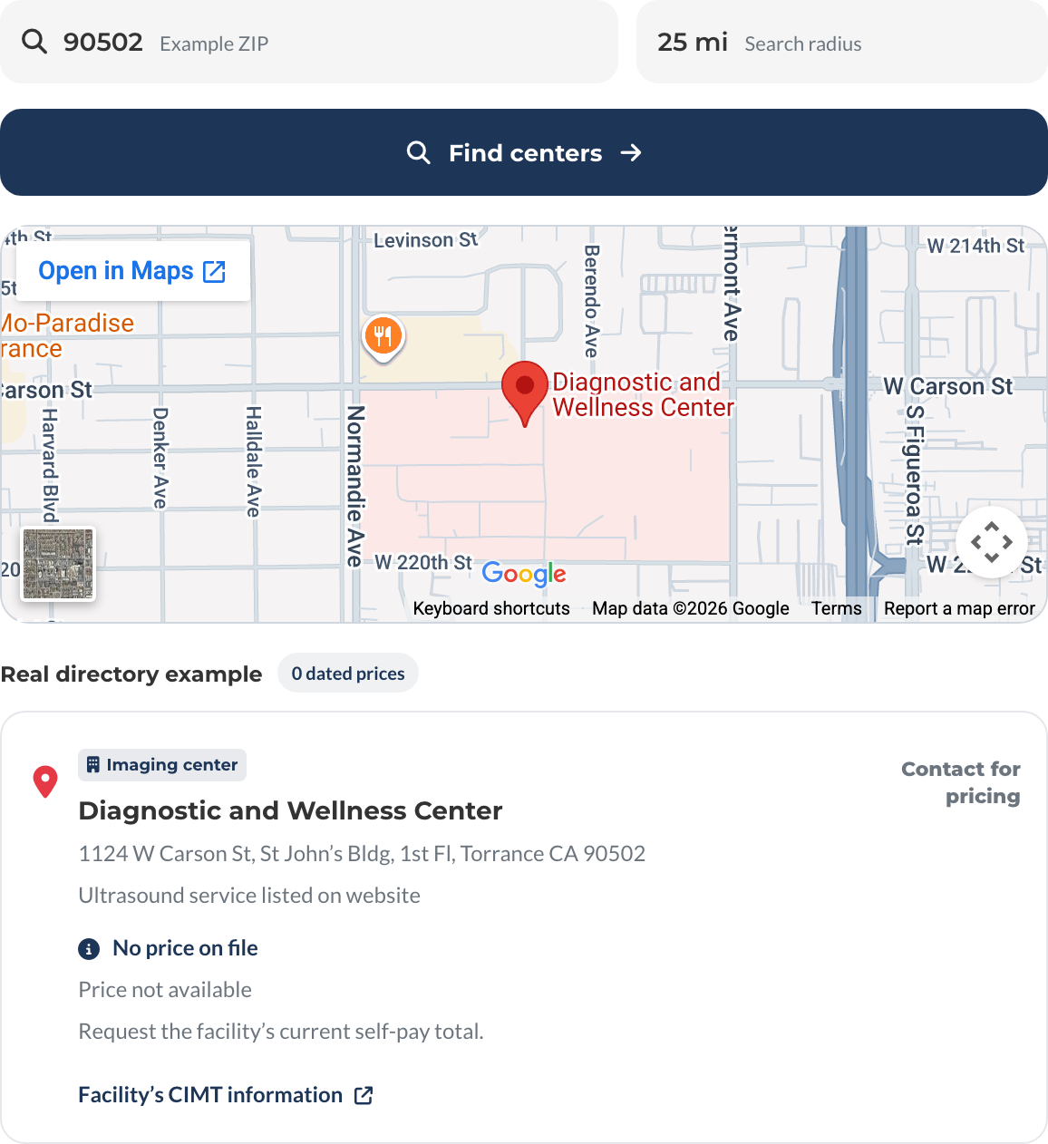 CIMT finder preview: Google map and Diagnostic and Wellness Center from our directory. No price on file; contact the facility for pricing.