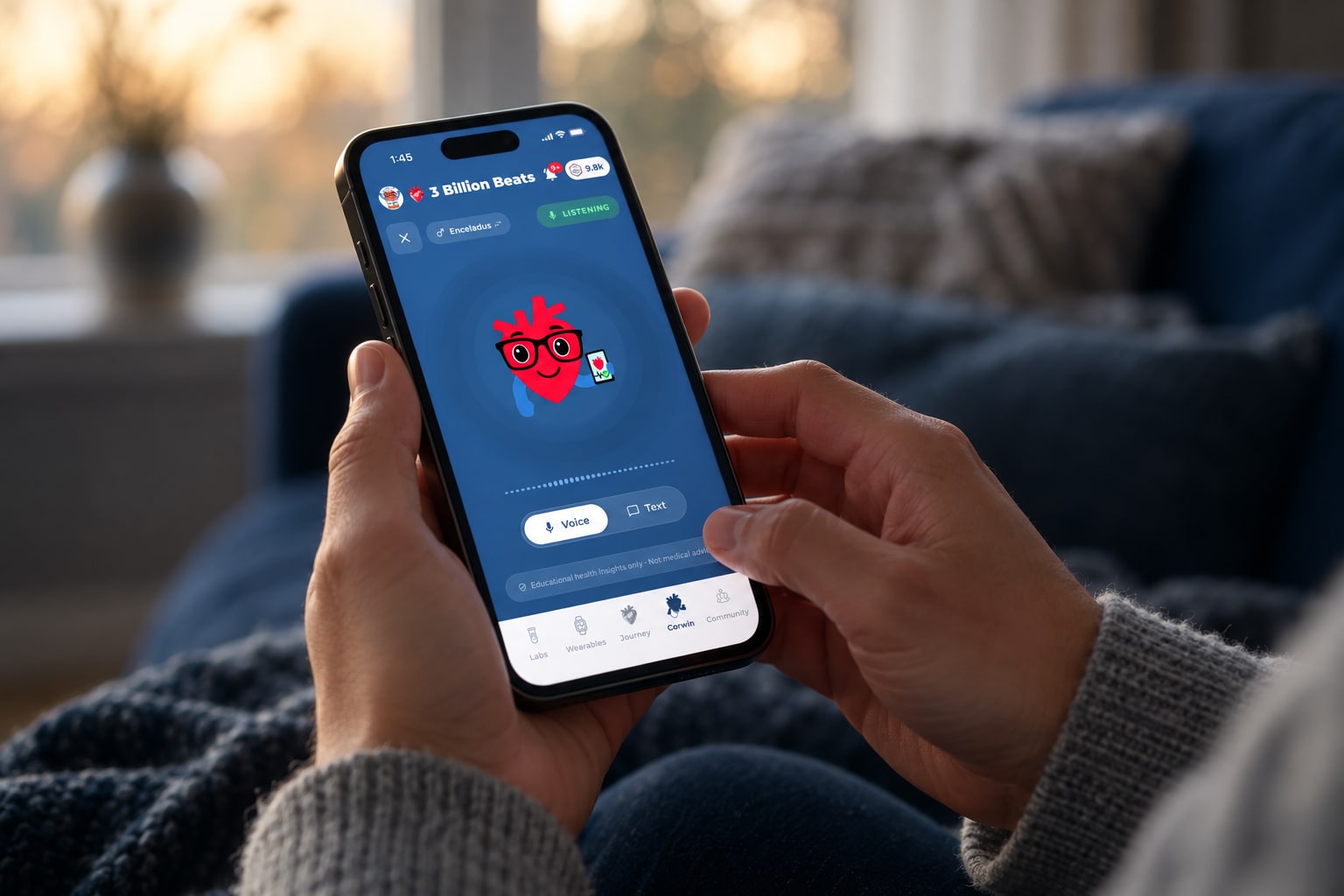 Close-up of a member holding a phone with Corwin on the blue 3 Billion Beats voice screen