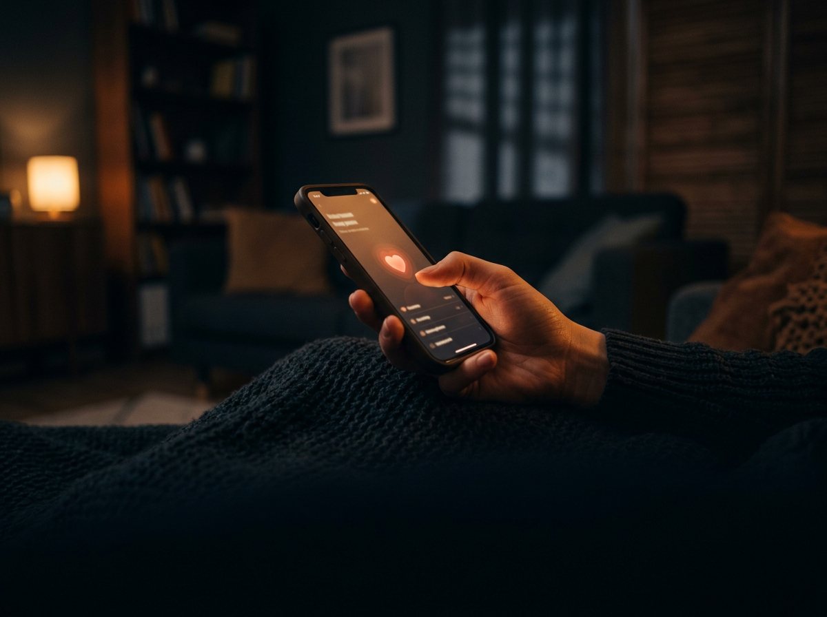 A hand holding a warmly glowing phone at night