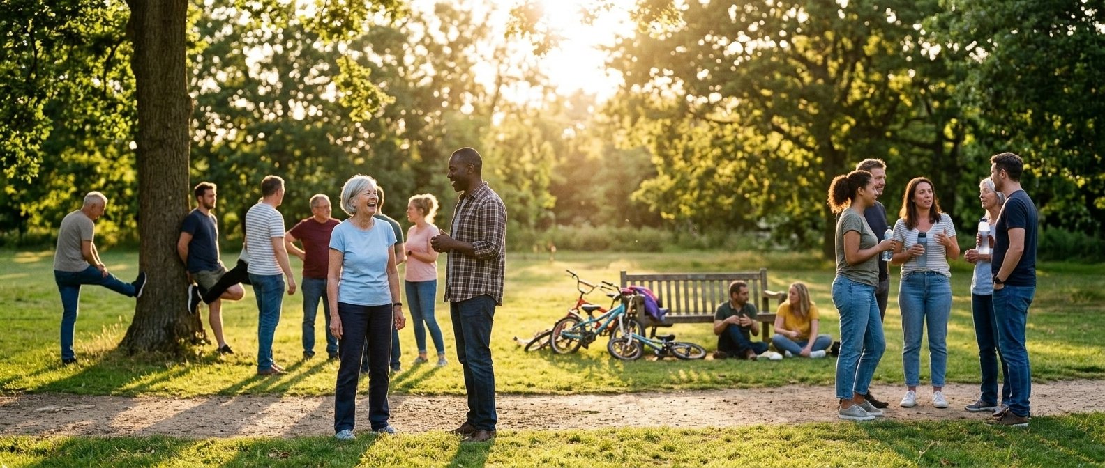 A multigenerational group of 90 Nation members winding down together in a park after a community walk at golden hour