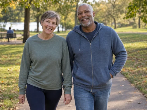 Two friends enjoying a walk together in a neighborhood park