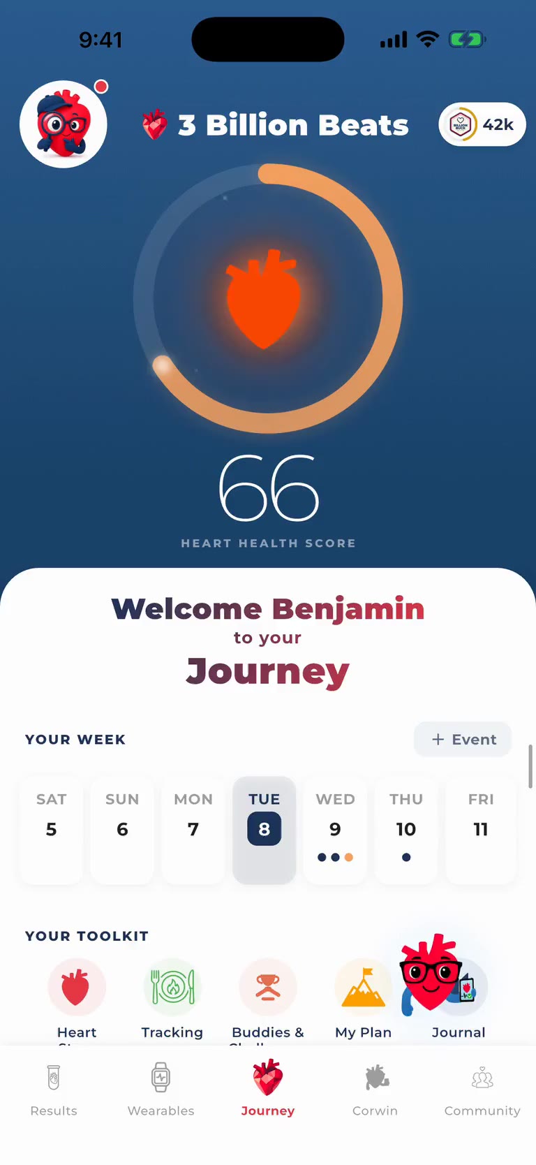 3 Billion Beats app showing the Heart Health Score and Journey