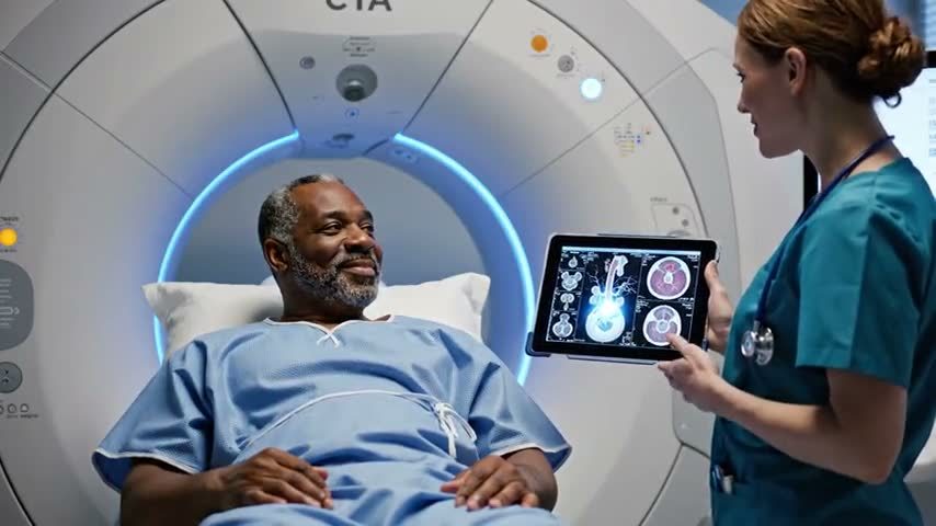 A clinician and a patient reviewing heart imaging together
